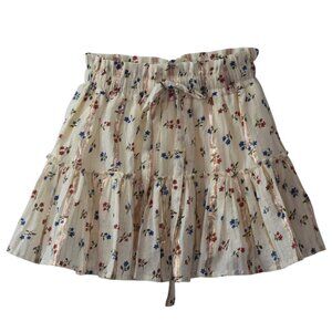 Floral Tiered Mini Skirt Womens S By Nibi MTK Metallic Accents Elastic Waist Tie